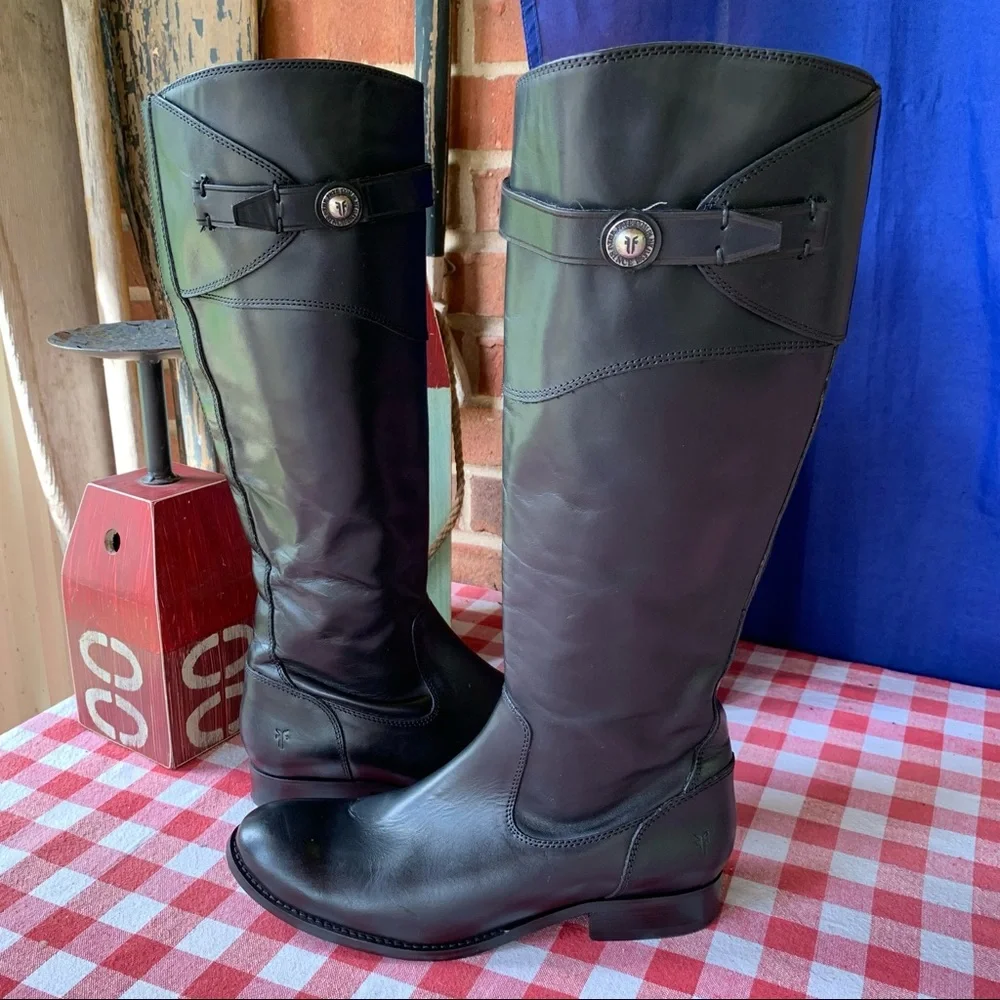FRYE Black Leather Molly Tall Button Boots, 8B